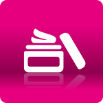 Weißes Symbol eines offenen Sahneglases mit einem Strudel aus Sahne, auf einem rosa Hintergrund.