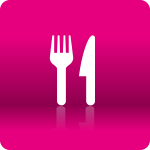 Weiße Gabel und Messer-Symbol auf einem hellen rosa Farbverlauf Hintergrund, symbolisiert Essen oder Essen.