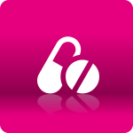 Weißes Pillen- und Kapselsymbol auf einem rosa Hintergrund mit Farbverlauf und einer Reflexion darunter.