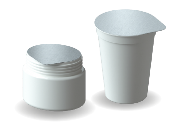 Zwei weiße Plastikbehälter mit Foliendeckeln, von denen einer aufrecht steht und einer auf der Seite liegt.