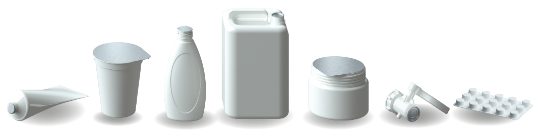 Verschiedene weiße pharmazeutische und kosmetische Verpackungen, darunter Tuben, Flaschen, Tiegel und eine Blisterverpackung, auf weißem Hintergrund.