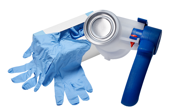A pair of blue disposable gloves and a white and blue paint can opener tool.